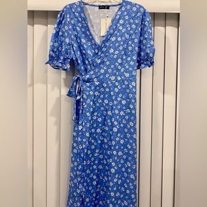 Blue ditzy flower wrap dress
